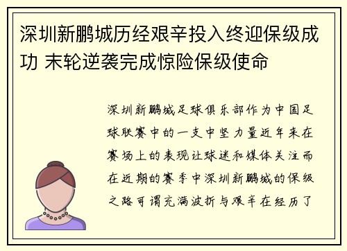 深圳新鹏城历经艰辛投入终迎保级成功 末轮逆袭完成惊险保级使命 深圳新鹏城历经艰辛投入终迎保级成功 末轮逆袭完成惊险保级使命