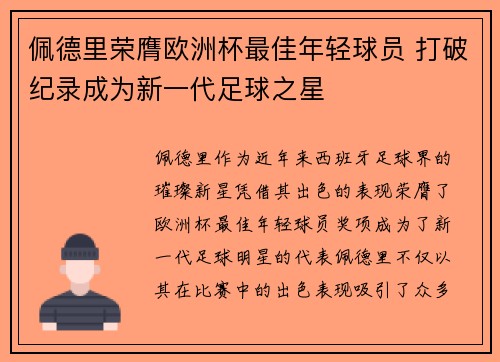佩德里荣膺欧洲杯最佳年轻球员 打破纪录成为新一代足球之星 佩德里荣膺欧洲杯最佳年轻球员 打破纪录成为新一代足球之星